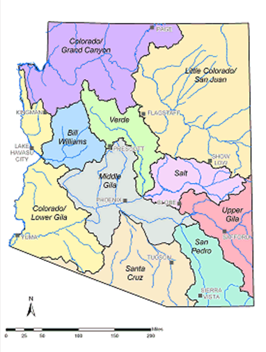 Map of Arizona showing major watershed regions and river basins labeled across the state.