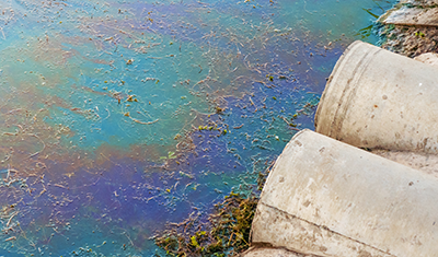 Oil sheen floating on stormwater runoff near concrete drain pipes.
